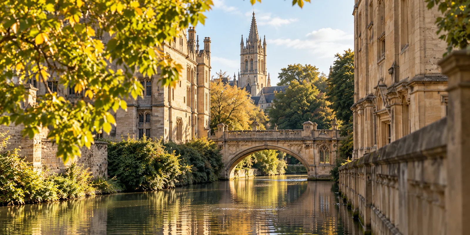 Illustrative view of historic college buildings and a stone bridge beside a quiet river