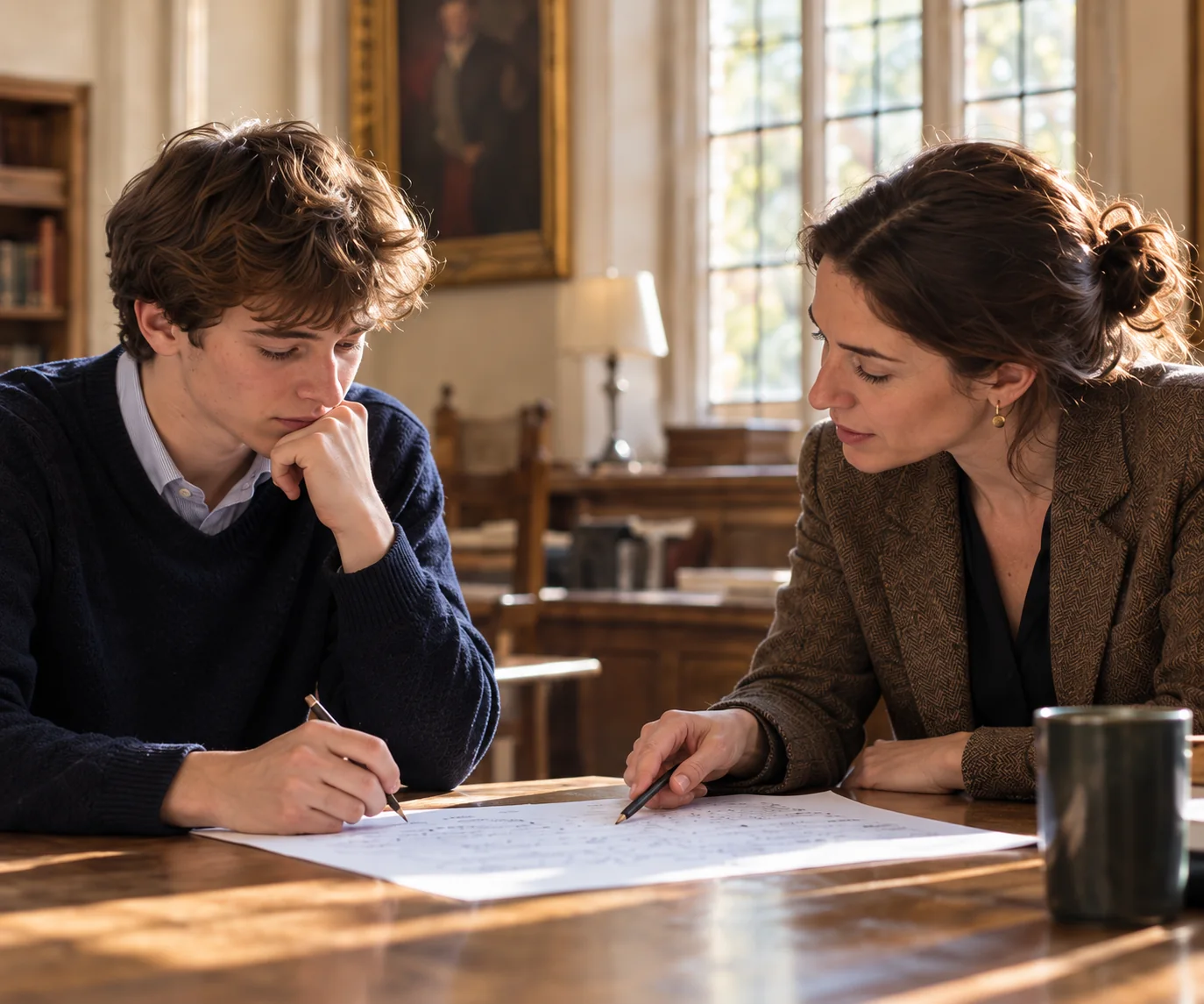 Illustrative academic discussion: a student and mentor working through ideas together at a study table