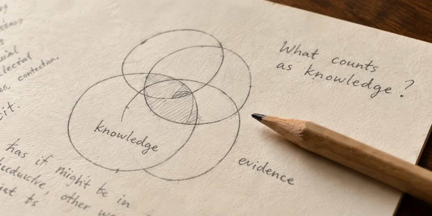 Illustrative working notes with a pencil diagram exploring what counts as knowledge
