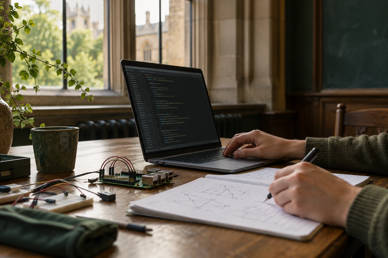 Illustrative computing study scene with a laptop, circuit board and handwritten graph sketches