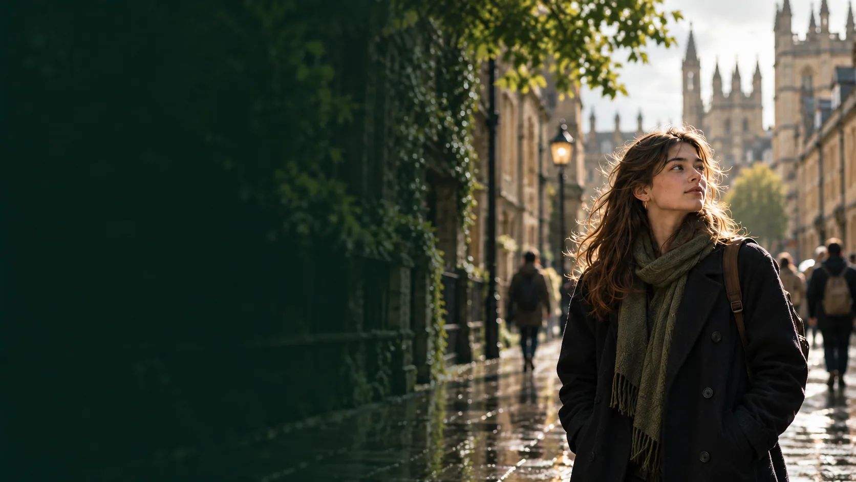 Illustrative portrait of a student on a collegiate city street
