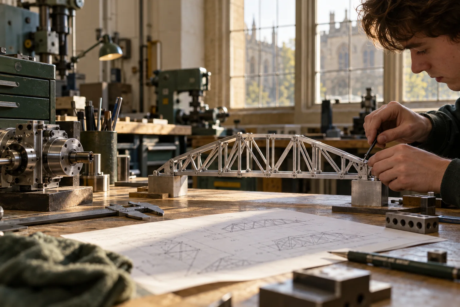 Illustrative scene of a student working on a metal bridge model in a sunlit engineering workshop