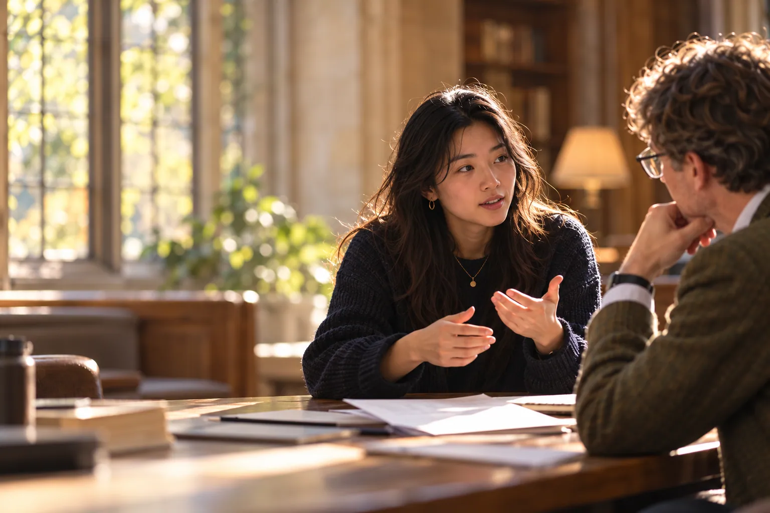 A student and tutor discussing ideas across a table