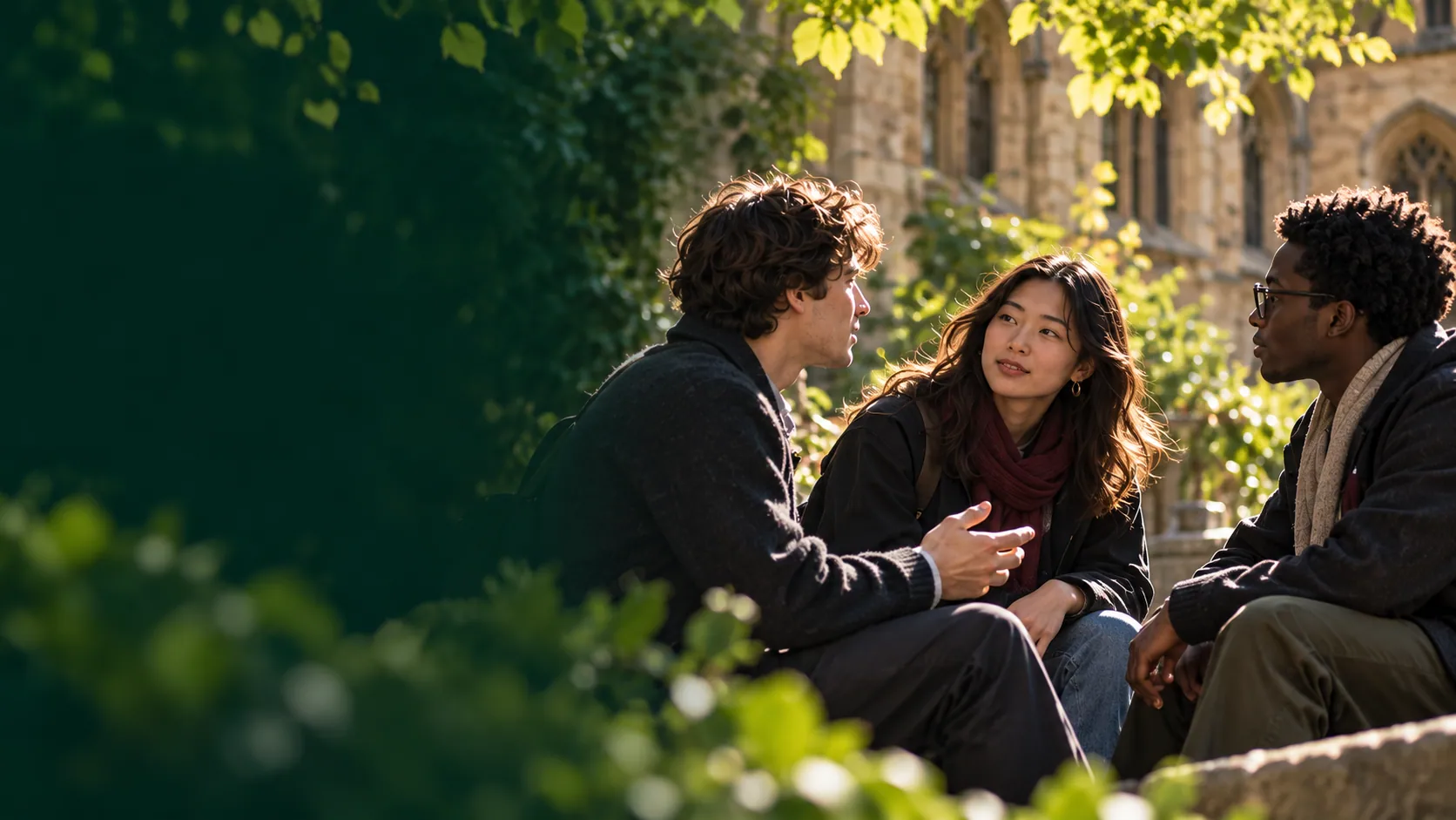 Illustrative scene of students discussing ideas in a Cambridge college garden