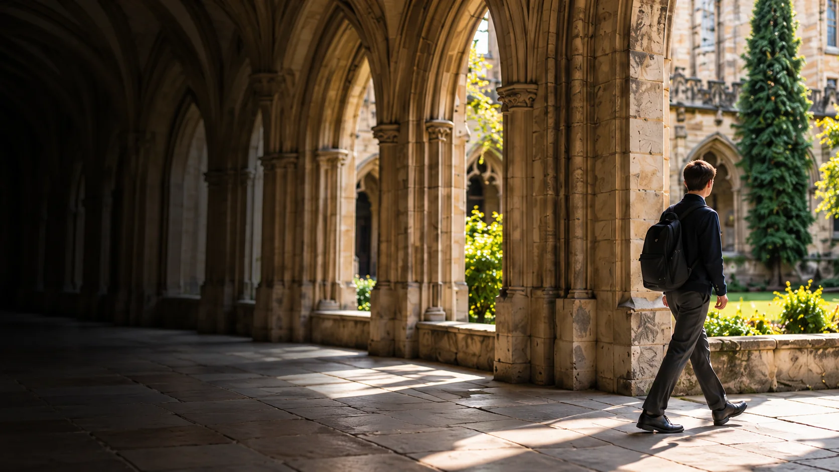 Historic Oxford college cloister opening towards a garden
