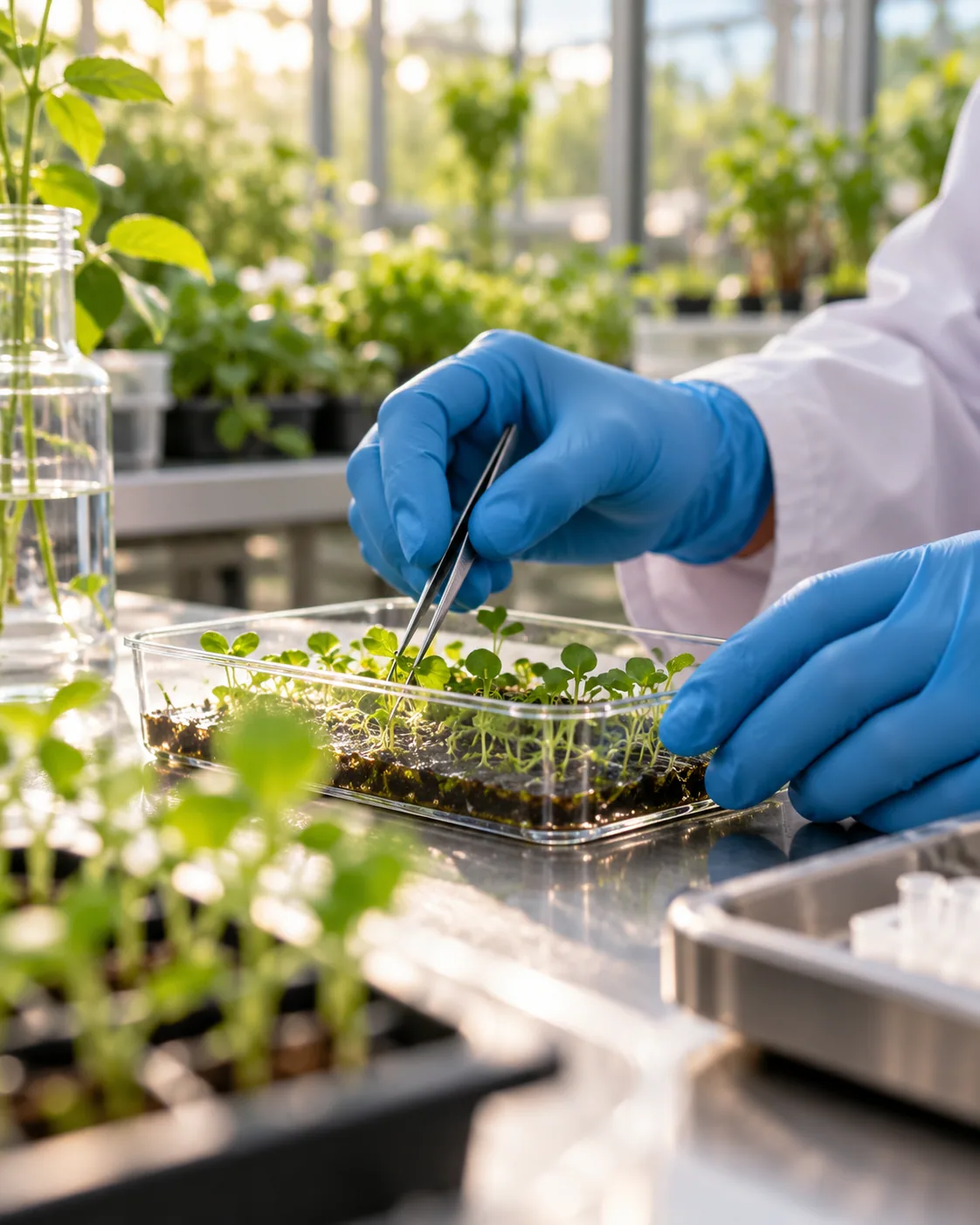 Gloved hands examining young plants at a research bench
