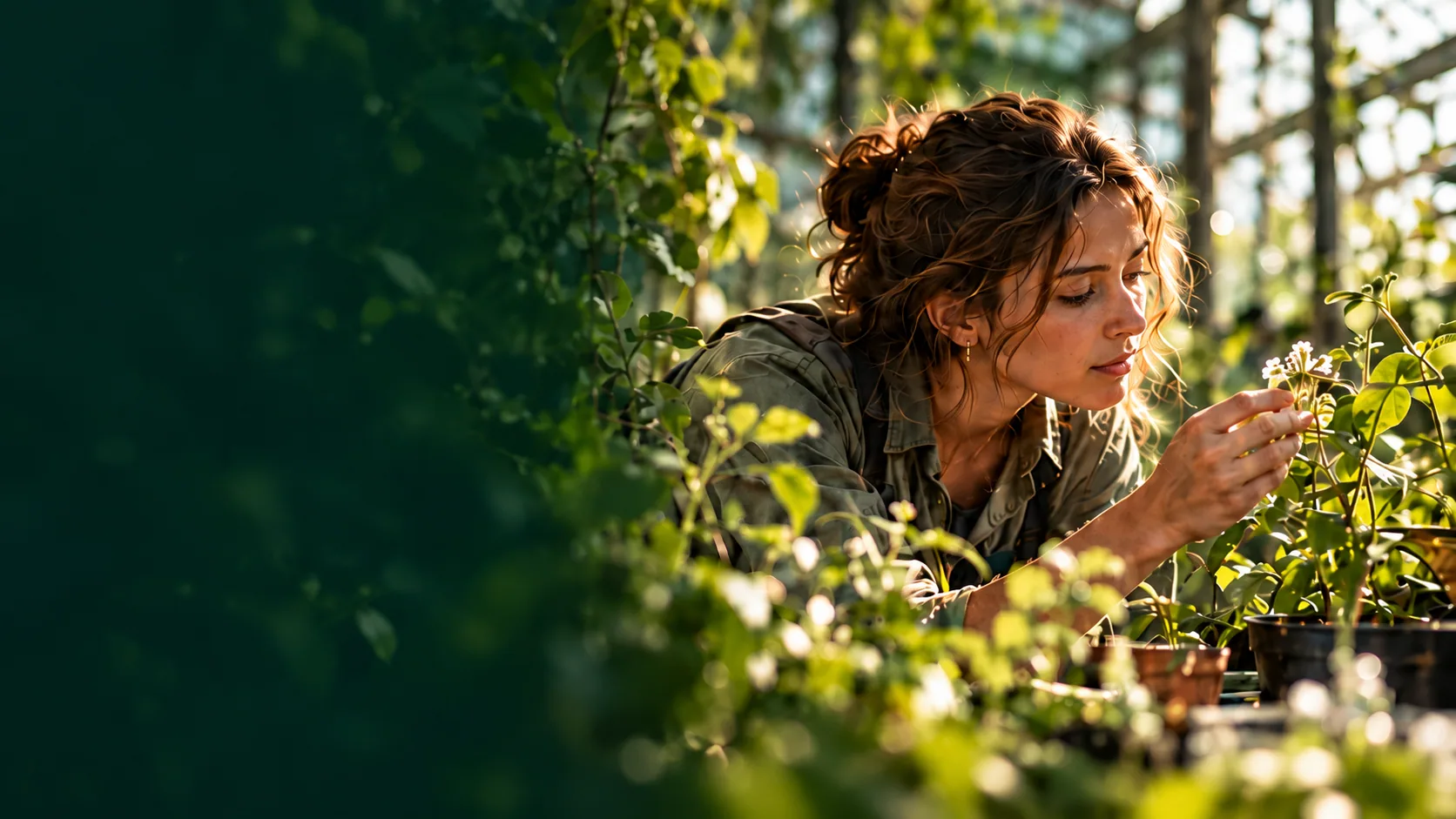A researcher studying plants among green foliage