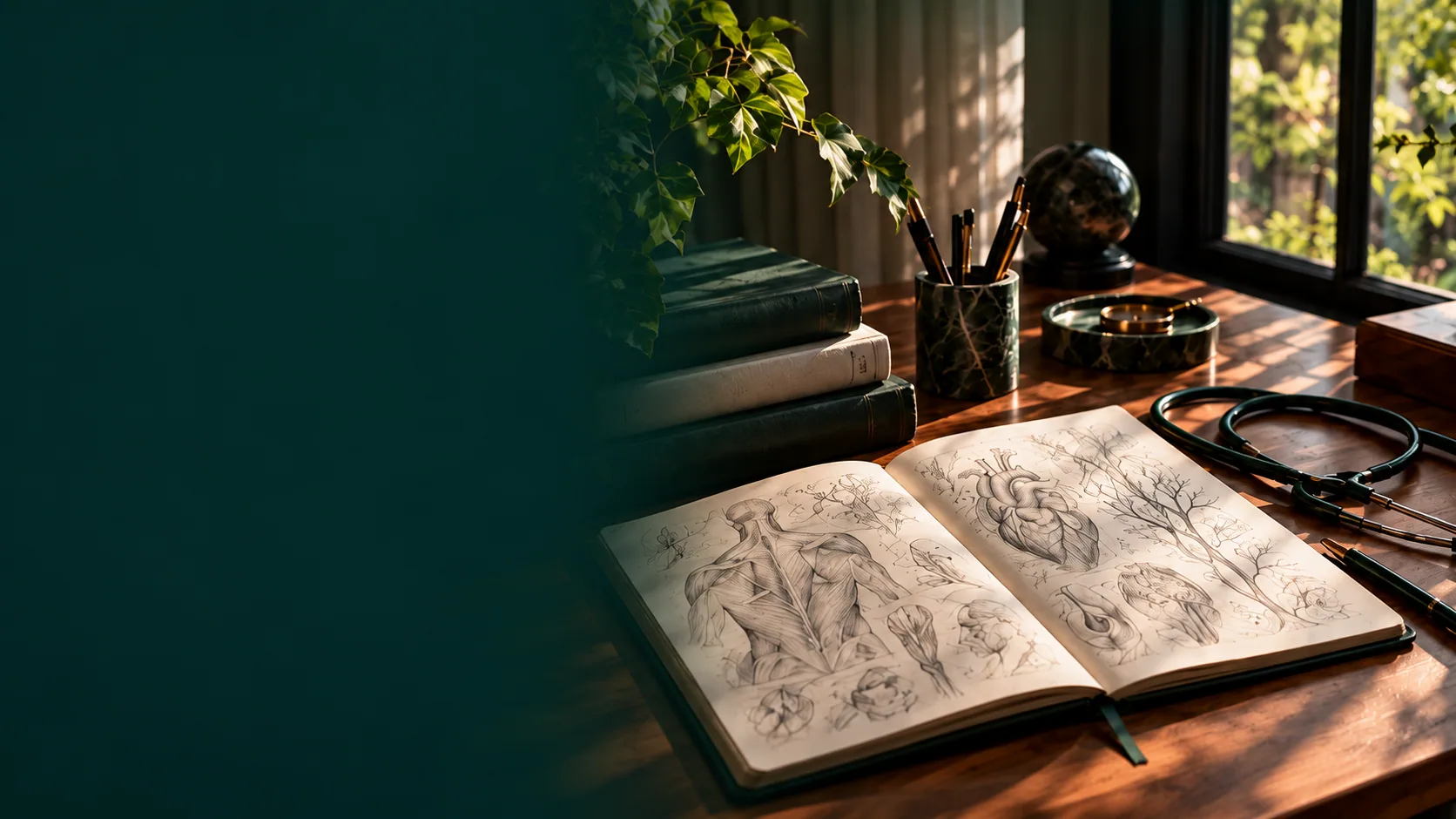 An anatomy book and stethoscope on a sunlit study table