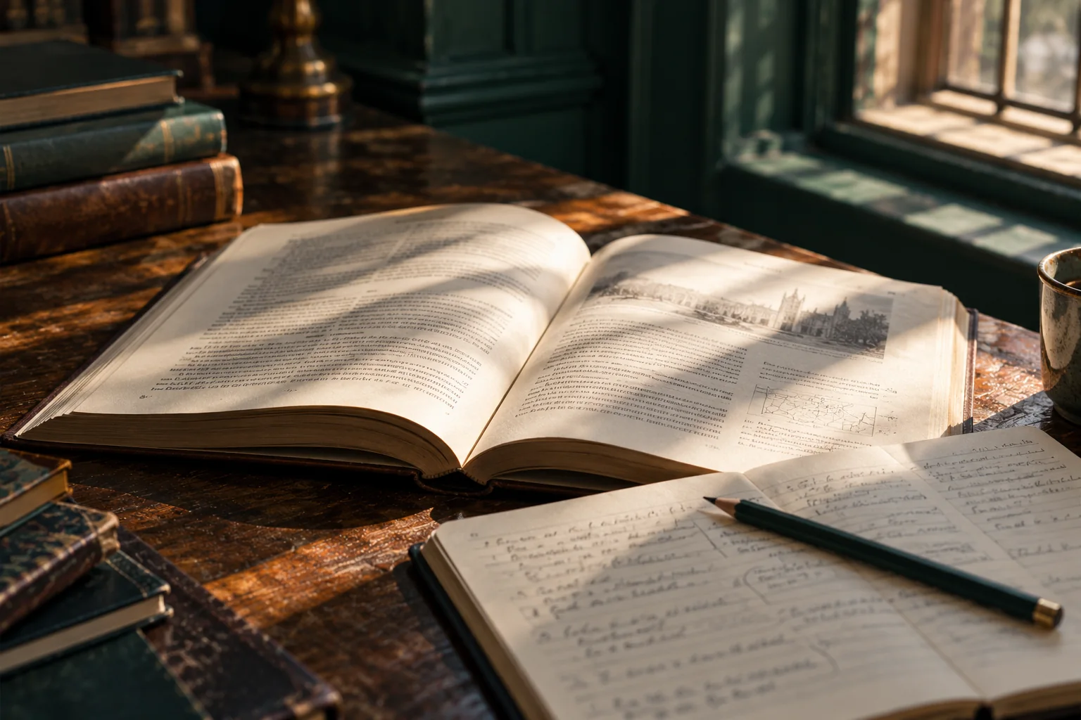 Open book and working notebook on a sunlit wooden desk