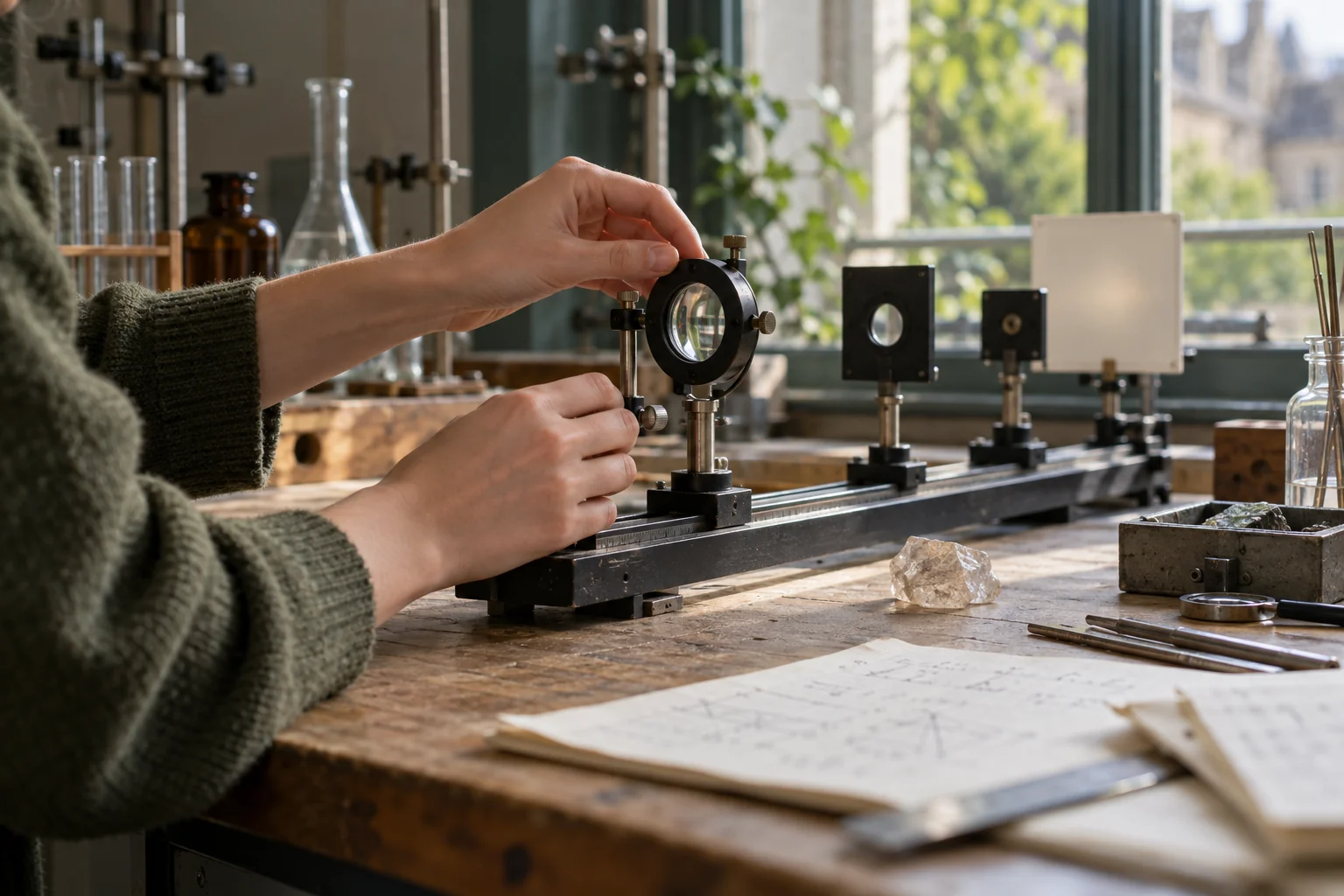 Illustrative scene of a student adjusting an optics apparatus at a sunlit science workbench