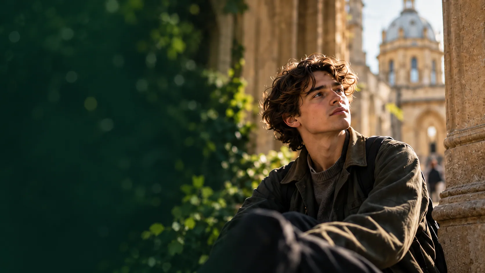Illustrative portrait of a student beside an Oxford college