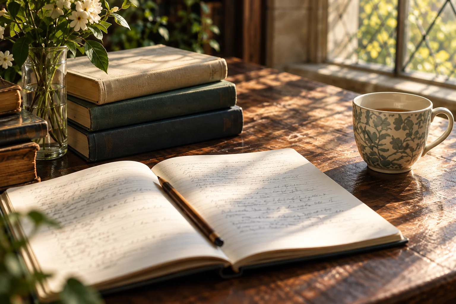 An open notebook, pencil and books on a sunlit wooden study table