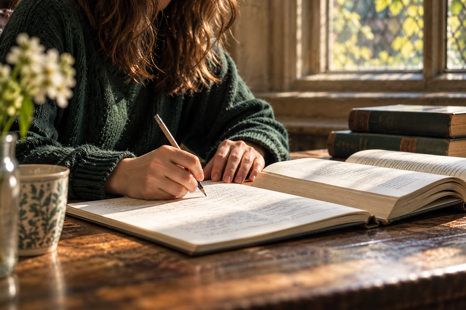 A student writing notes beside an open book at a window