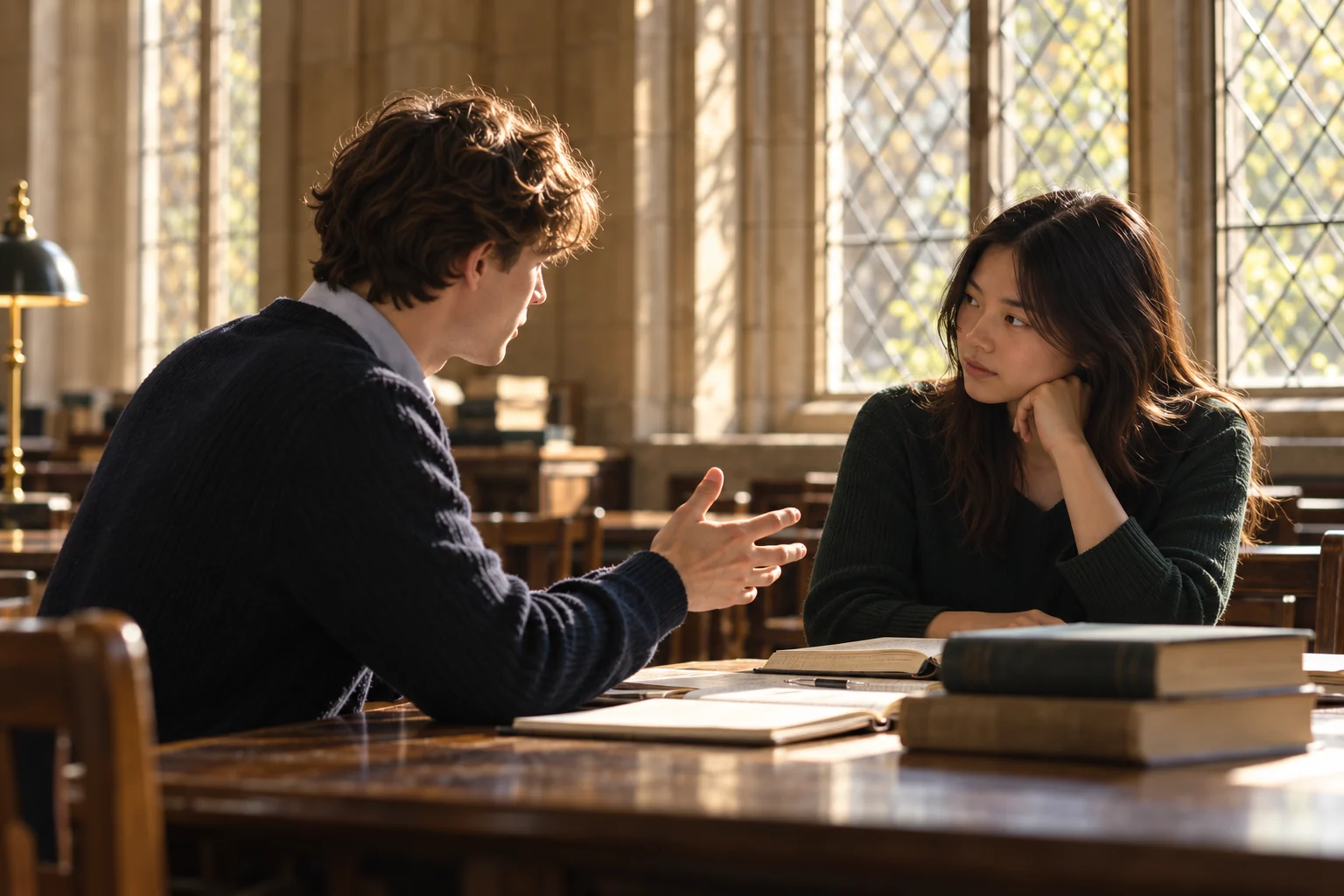 Two young adults discussing ideas across a wooden table in a study