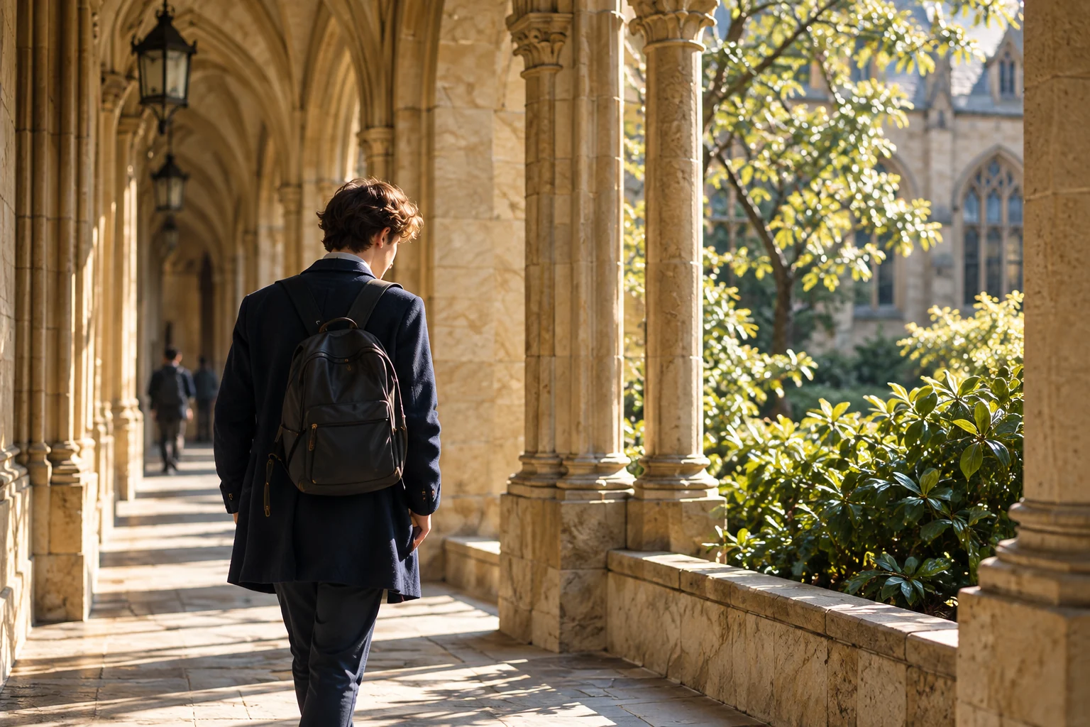 A student walking through sunlit stone cloisters beside a garden