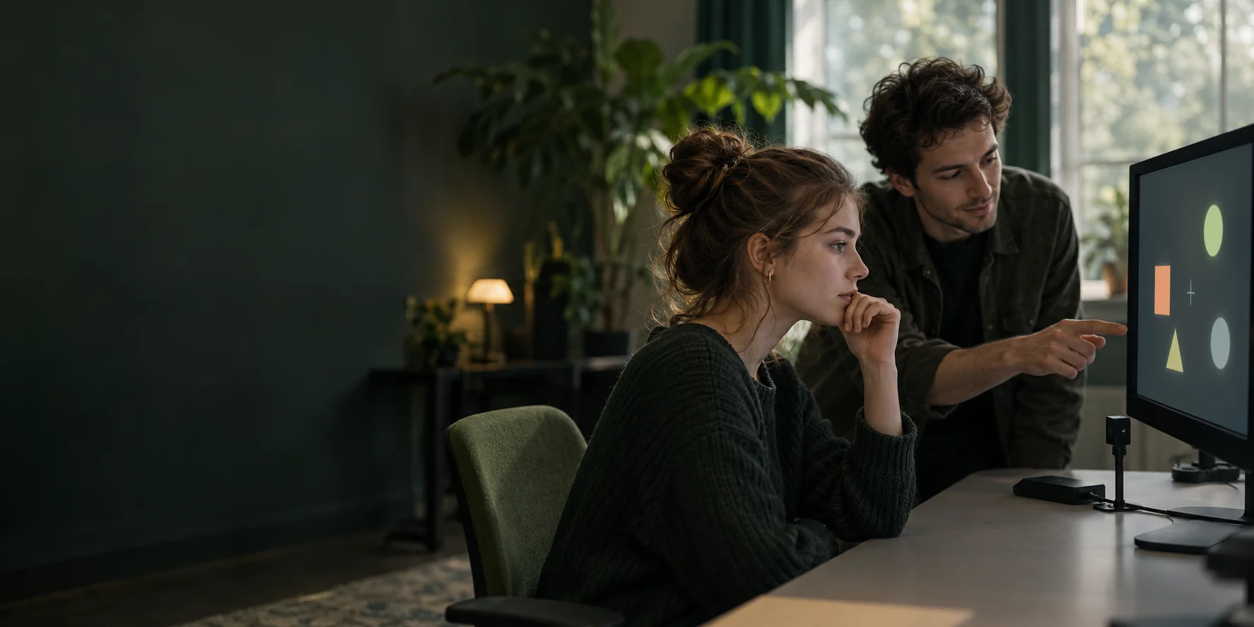 Illustrative scene of two adults examining a visual perception task on a computer