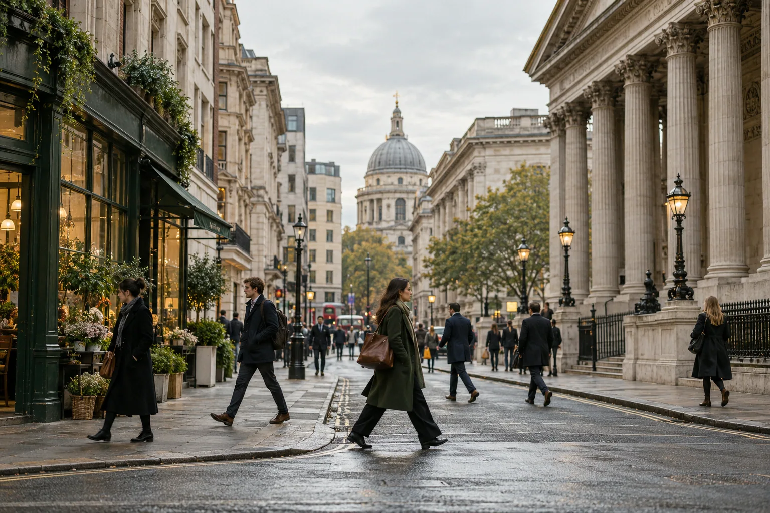 People moving through a city street between shops and civic buildings