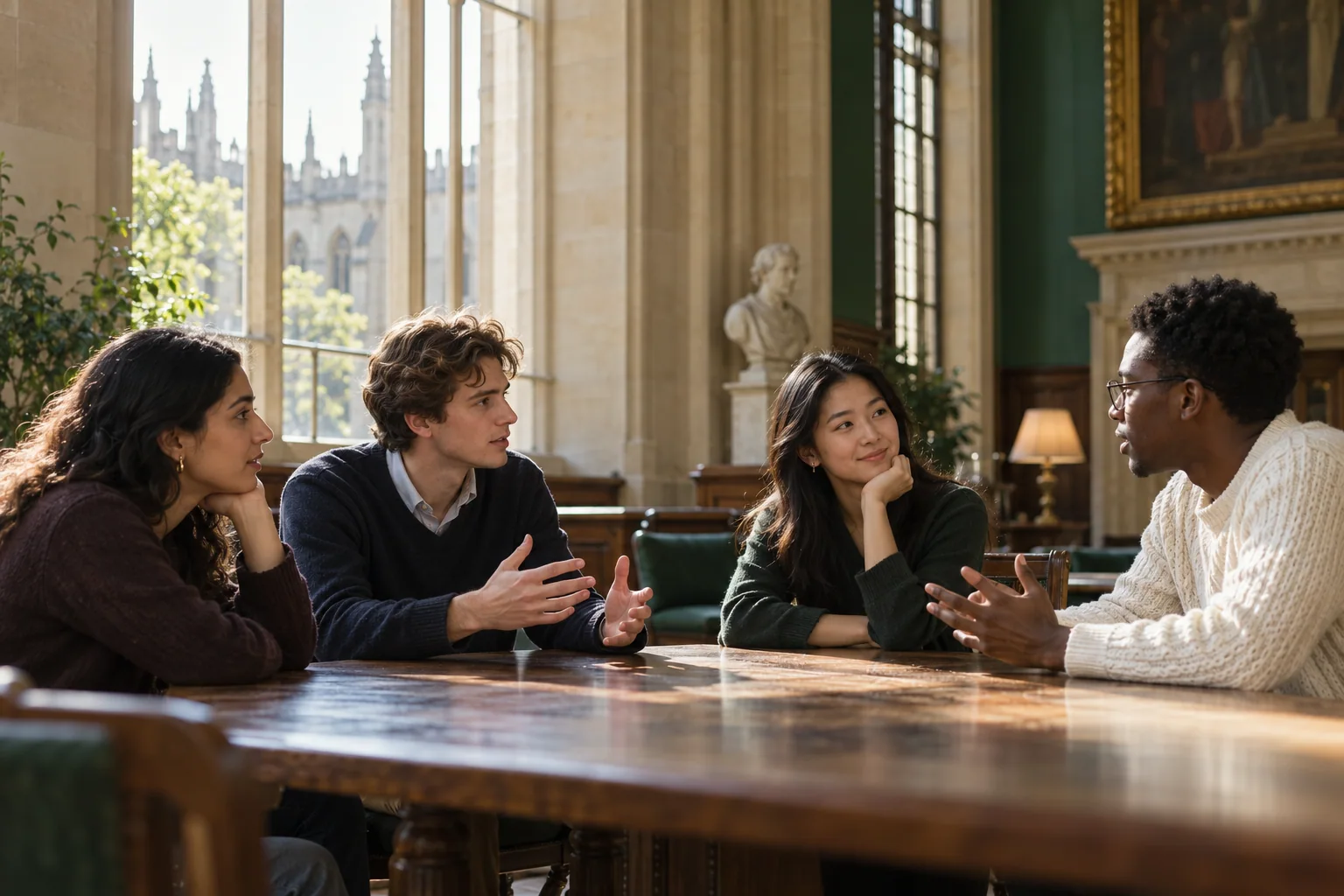 Four young adults discussing ideas around a table in a sunlit room