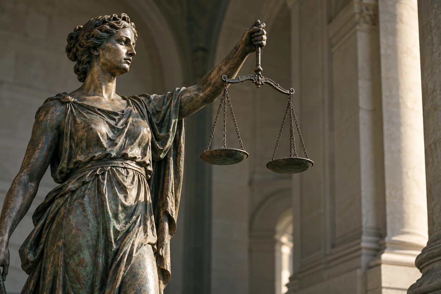 A bronze Lady Justice sculpture holding scales in a stone interior