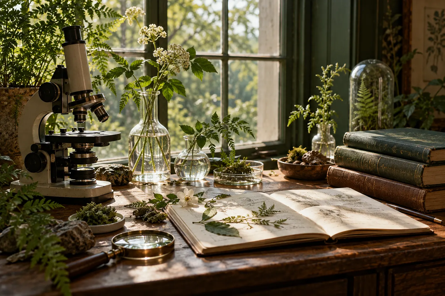 A microscope, botanical specimens and an open field notebook near a window