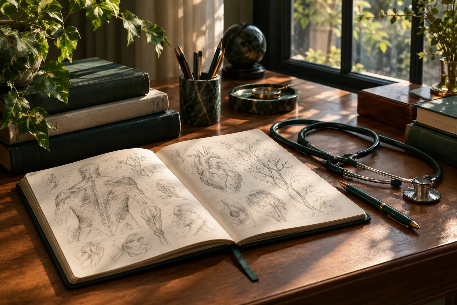 A stethoscope beside an open study notebook on a sunlit desk