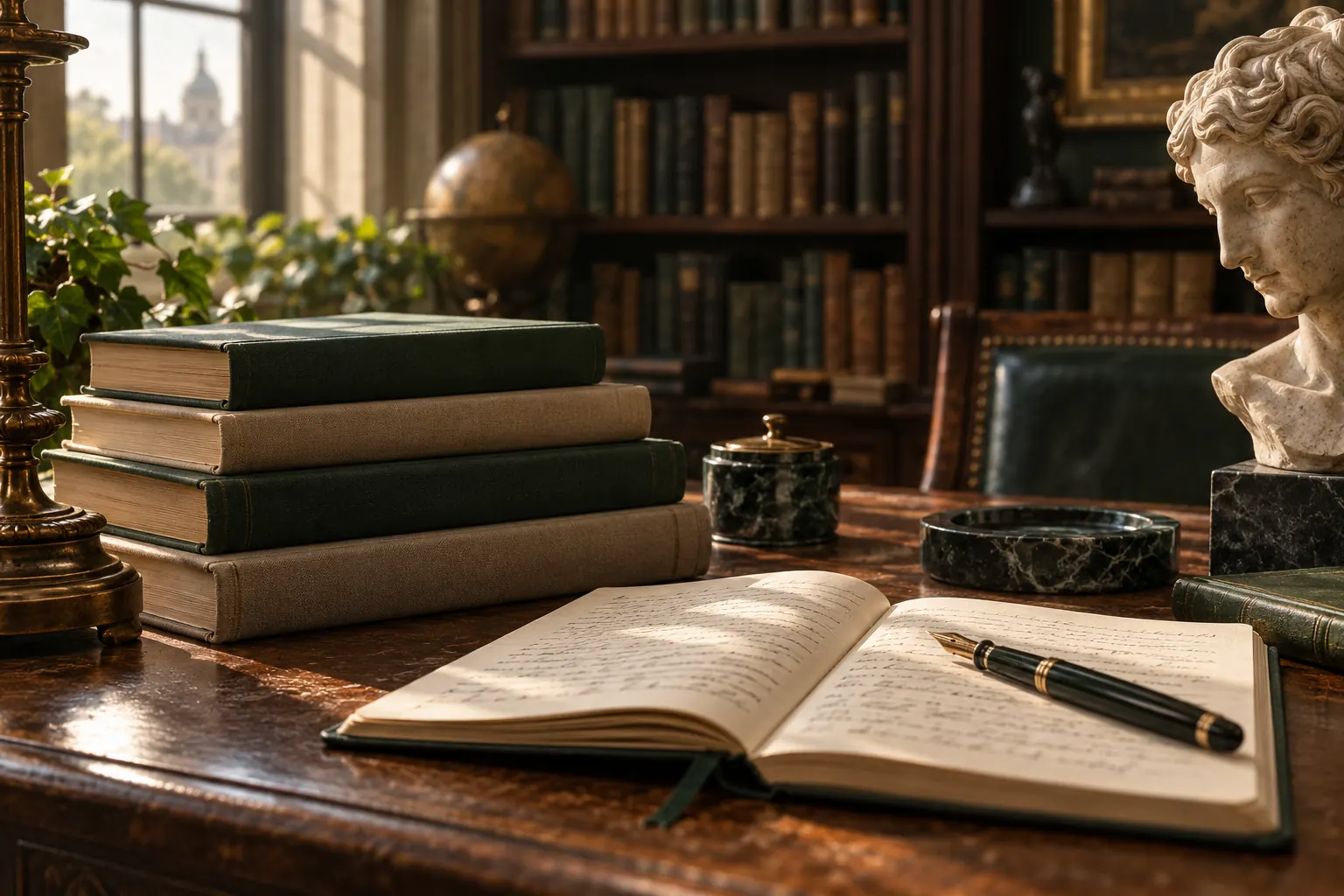 Unlabelled clothbound books and an open notebook on a library desk