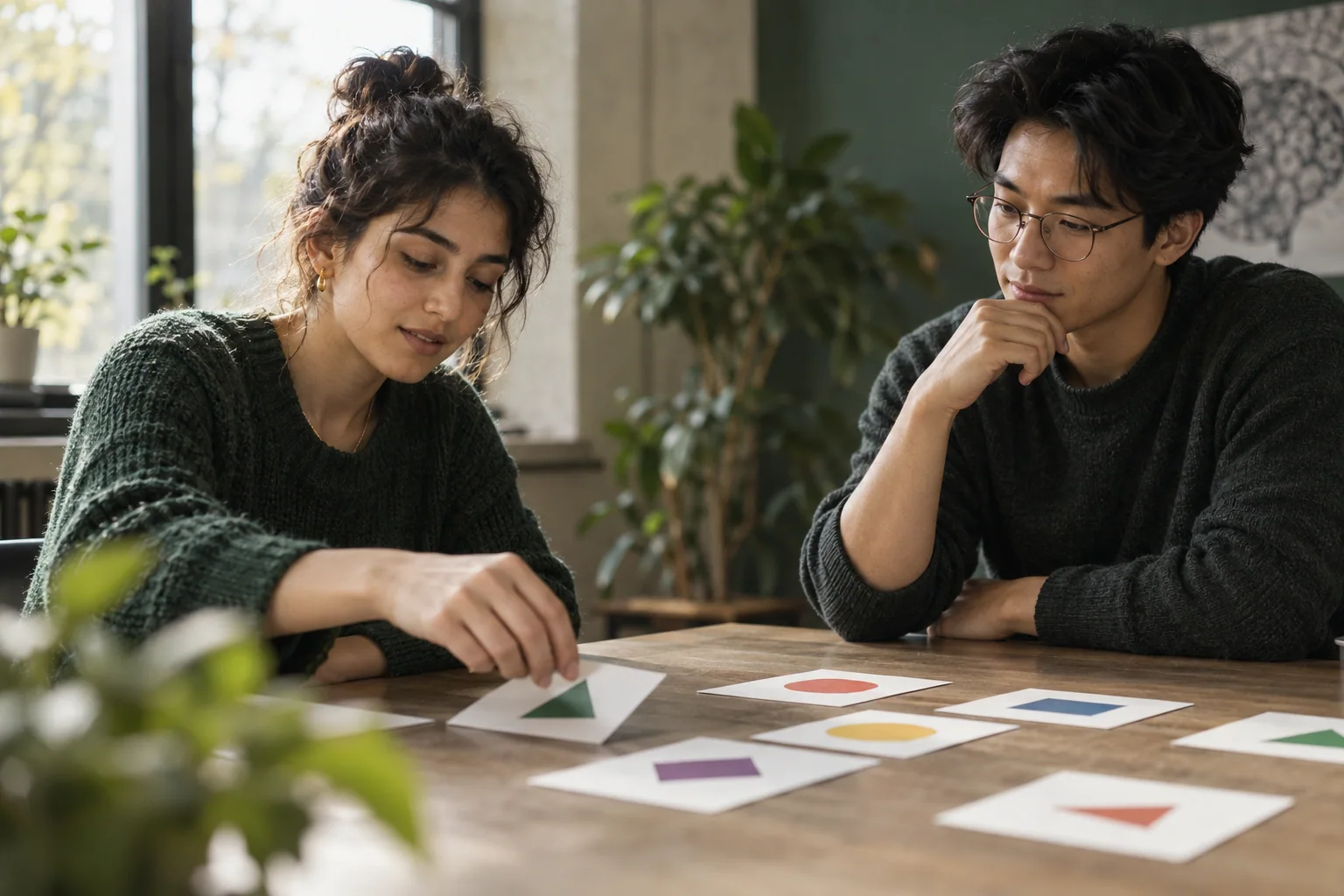 Two adults discussing abstract shape cards during a research activity